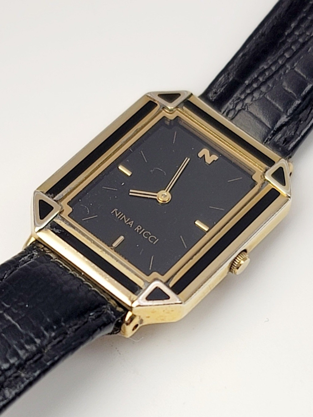 Vintage Nina Ricci 7320-6070 Seiko Quartz Gold Tone Tank Watch Black Dial